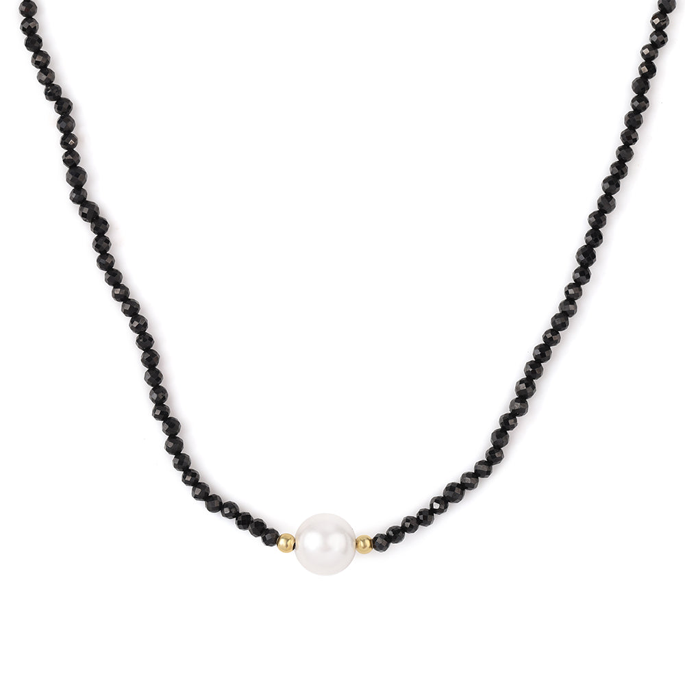 Collar de Plata Bañada en Oro con Espinela Negra y Perla blanca de agua dulce