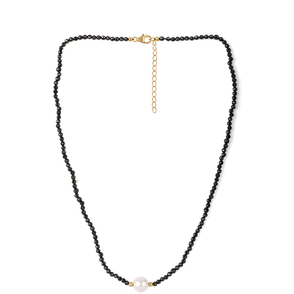 Collar de Plata Bañada en Oro con Espinela Negra y Perla blanca de agua dulce 2 
