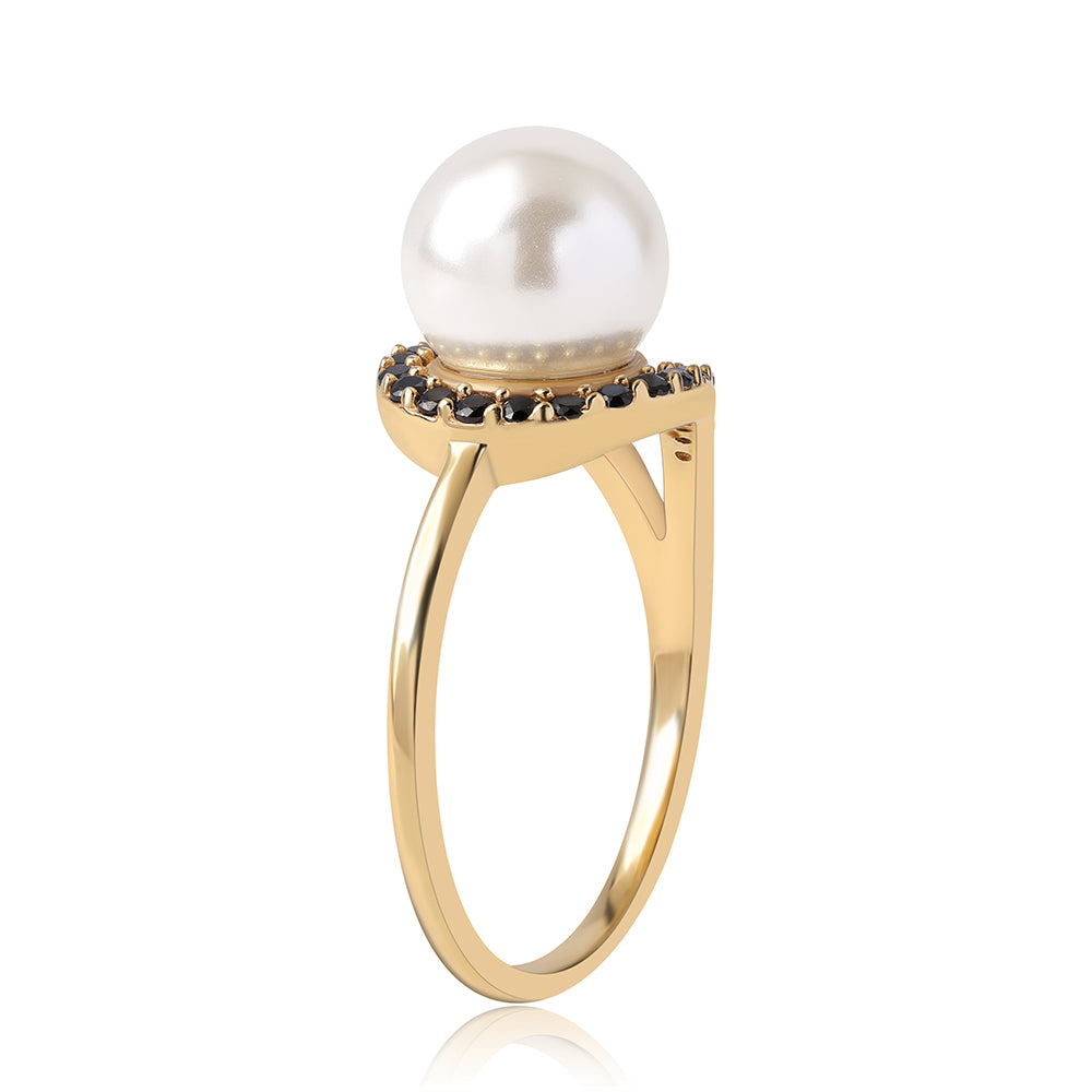 Anillo de Plata Bañada en Oro con Espinela Negra y Perla blanca de agua dulce