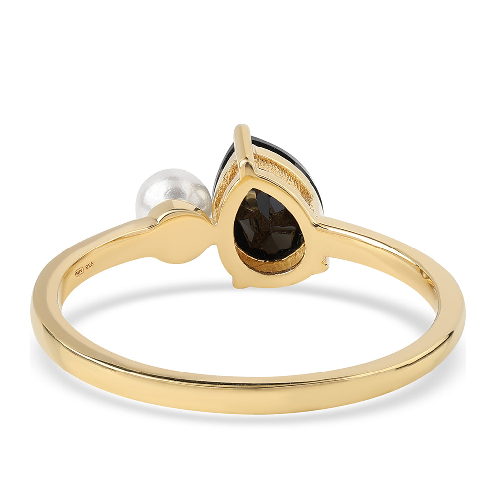 Anillo de Plata Bañada en Oro con Espinela Negra y Perla blanca de agua dulce 3 