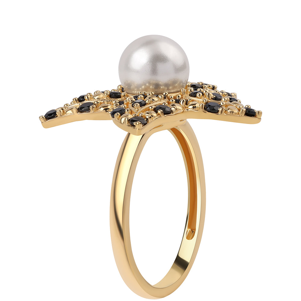 Anillo de Plata Bañada en Oro con Espinela Negra y Perla blanca de agua dulce 2 