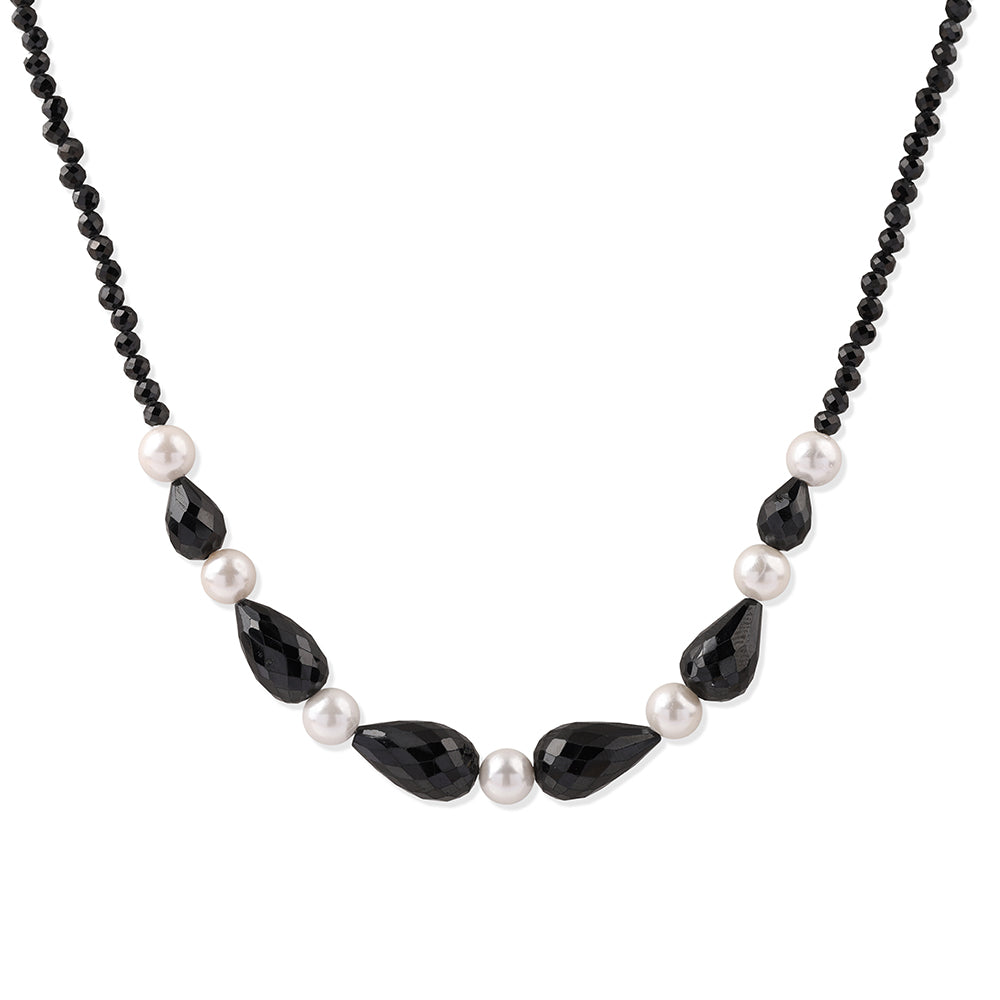 Collar de Plata Bañada en Oro con Espinela Negra y Perla blanca de agua dulce 1 