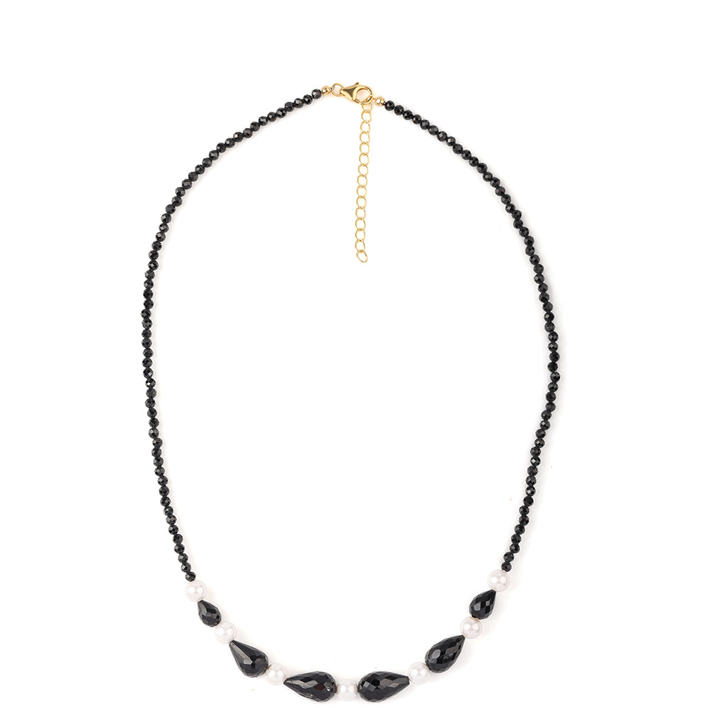 Collar de Plata Bañada en Oro con Espinela Negra y Perla blanca de agua dulce 3 