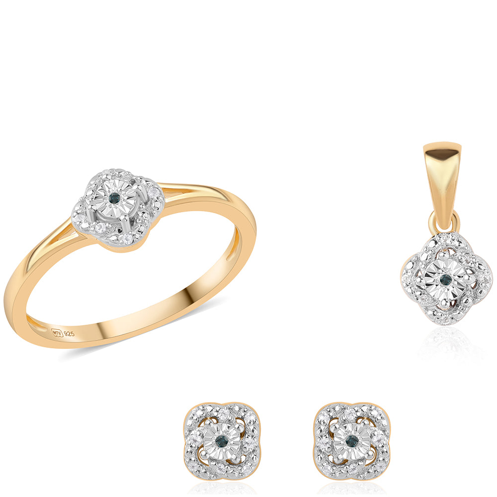 Conjunto de Plata Bañada en Oro con Diamante Azul y Topacio Blanco ( Pendientes +Anillo +Colgante )