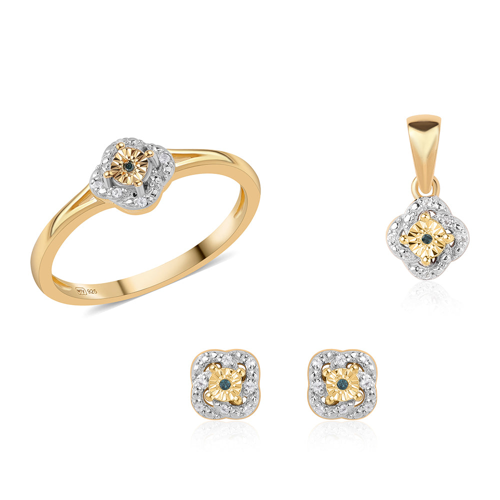Conjunto de Plata Bañada en Oro con Diamante Azul y Topacio Blanco ( Pendientes +Anillo +Colgante ) 2 