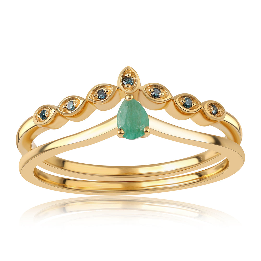 Conjunto de Plata Bañada en Oro con Diamante Azul y Esmeralda de Brasil ( Anillo ) 3 
