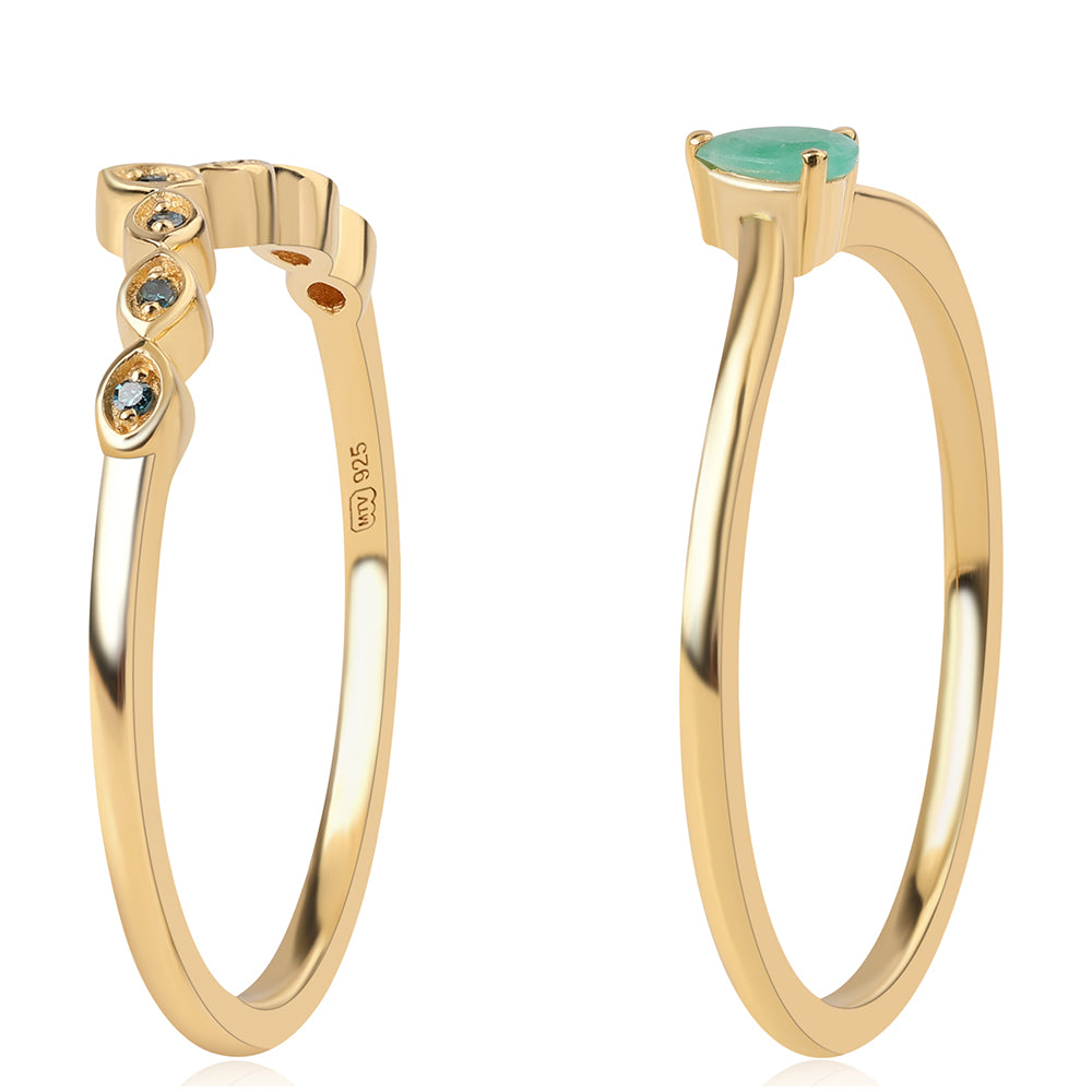 Conjunto de Plata Bañada en Oro con Diamante Azul y Esmeralda de Brasil ( Anillo ) 4 