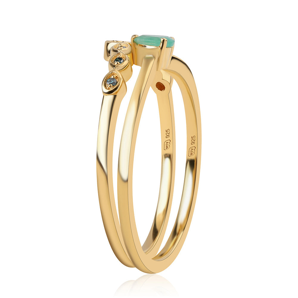 Conjunto de Plata Bañada en Oro con Diamante Azul y Esmeralda de Brasil ( Anillo ) 6 
