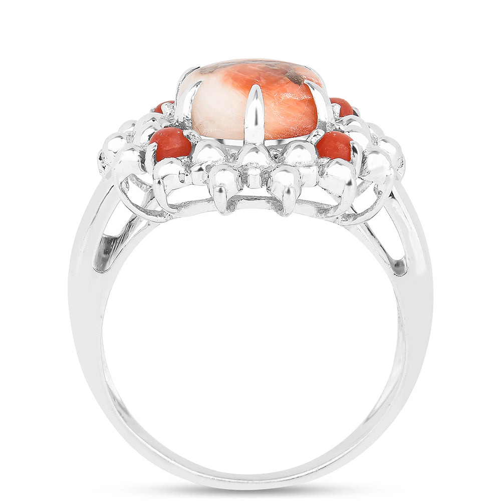 Anillo de Plata con Turquesa Ostra y Coral Rojo 3 