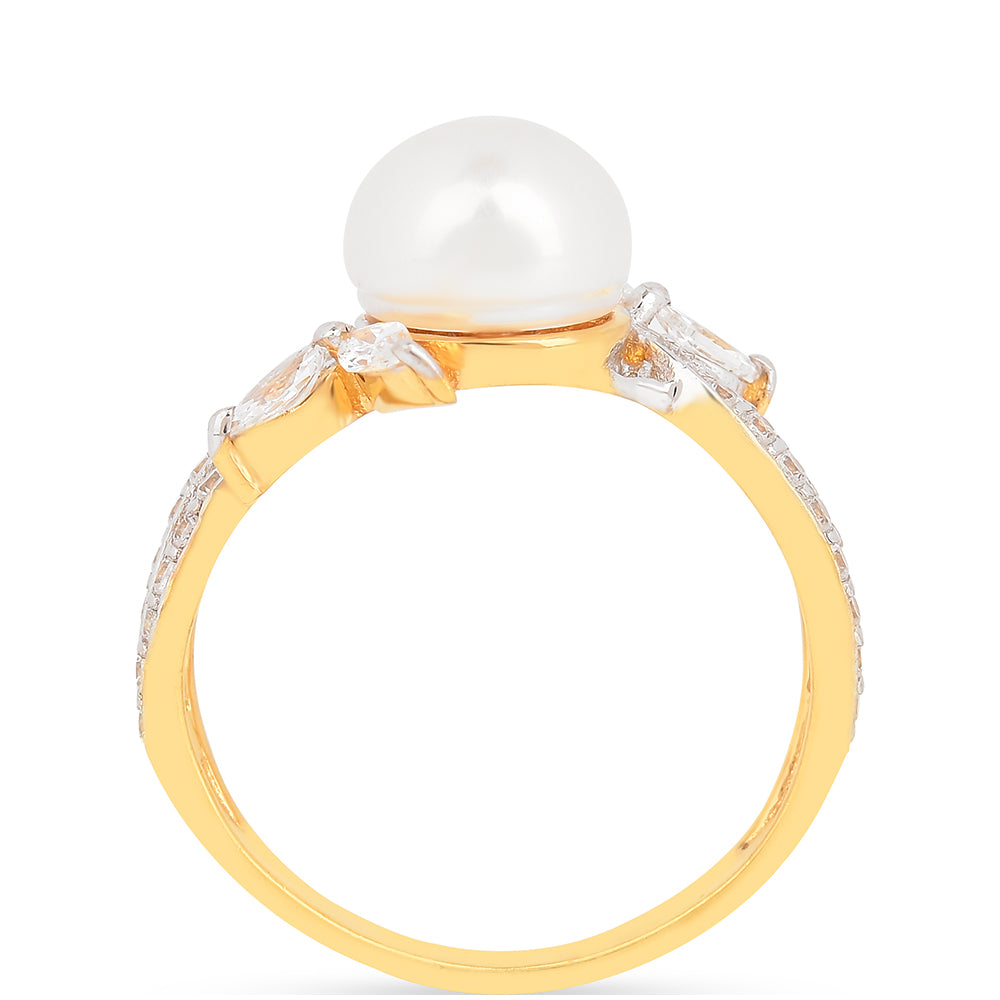 Anillo de Plata Bañada en Oro con Perla de Agua Dulce Crema y Zircón Blanco 3 