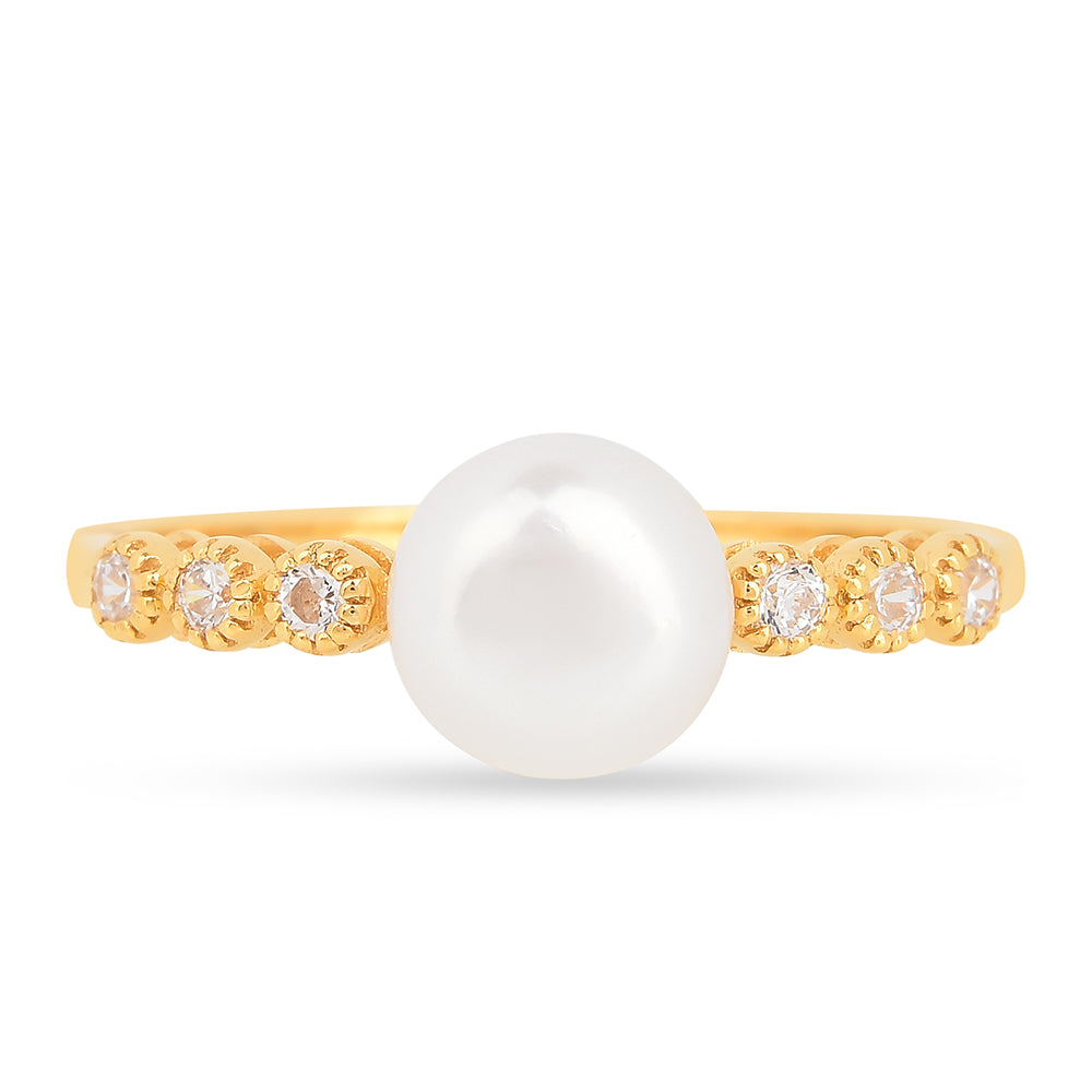 Anillo de Plata Bañada en Oro con Perla de Agua Dulce Crema y Zircón Blanco 2 