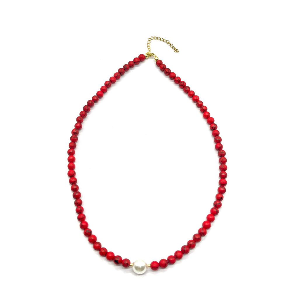 Collar de Plata Bañada en Oro con Coral de Esponja Roja y Perla de cristal 2 