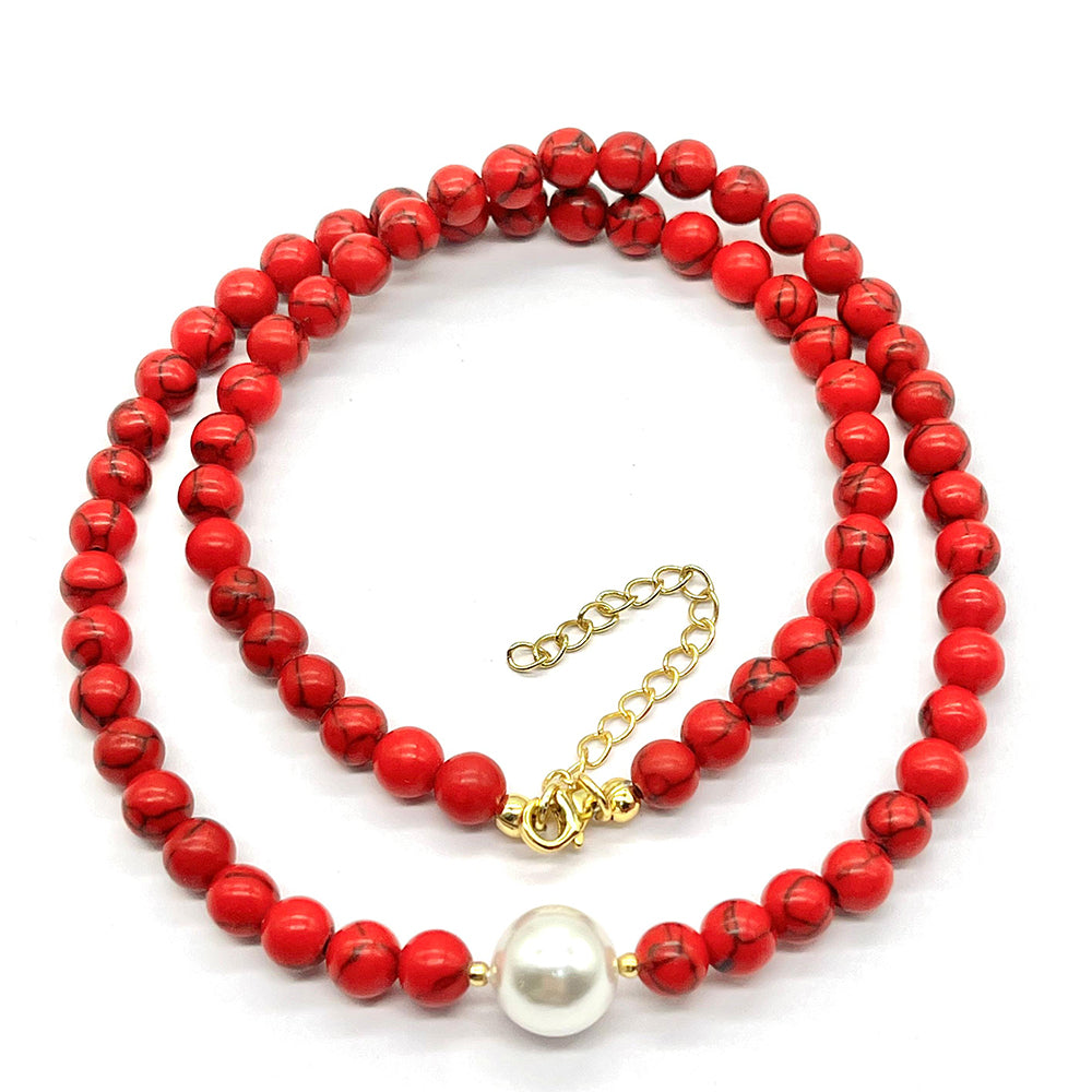 Collar de Plata Bañada en Oro con Coral de Esponja Roja y Perla de cristal 3 
