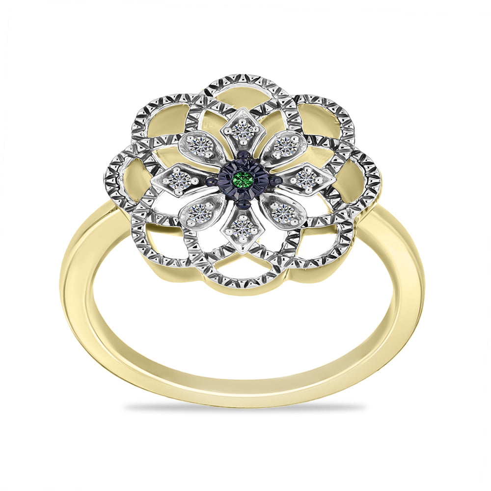 Anillo de Plata Bañada en Oro con Diamante Verde y Diamante blanco 3 