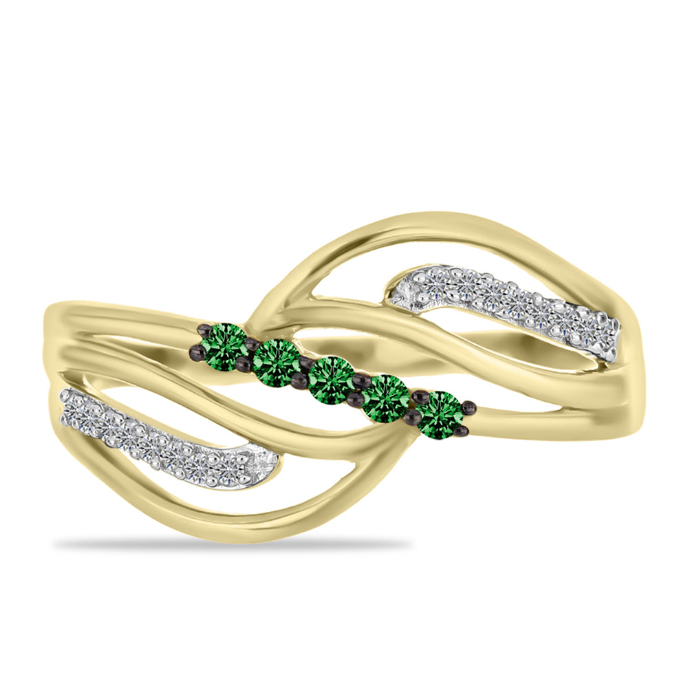 Anillo de Plata Bañada en Oro con Diamante Verde y Diamante blanco 5 