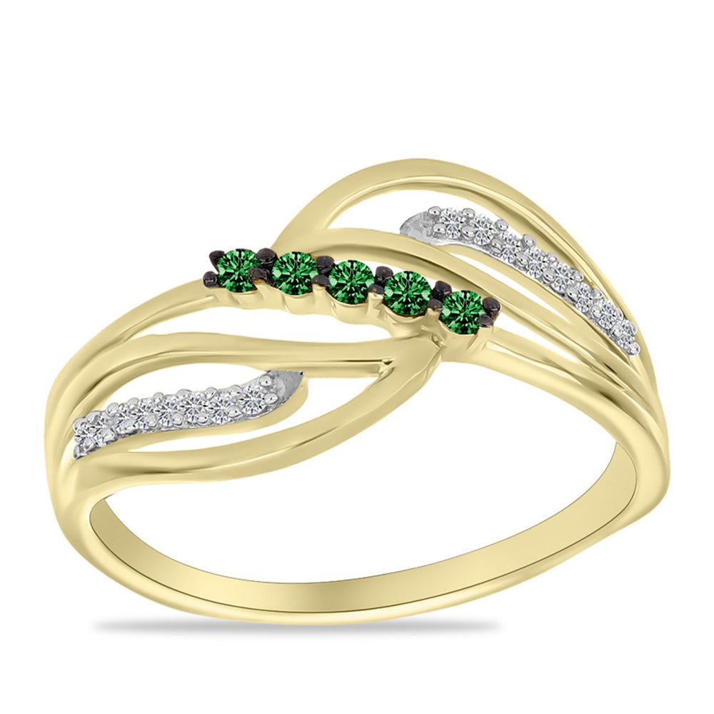 Anillo de Plata Bañada en Oro con Diamante Verde y Diamante blanco 7 