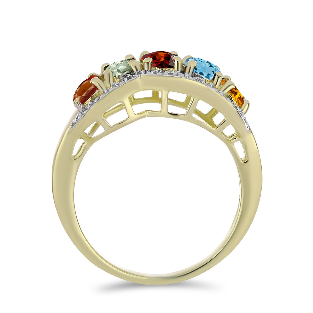 Anillo de Plata Bañada en Oro con Turmalina Arco Iris Pelmadulla y Diamante blanco