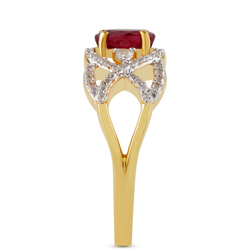 Anillo de Plata Bañada en Oro con Rubí de Tailandia y Topacio Blanco 3 