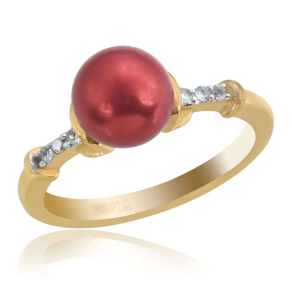 Anillo de Plata Bañada en Oro con Perla roja de río y Topacio Blanco 1 