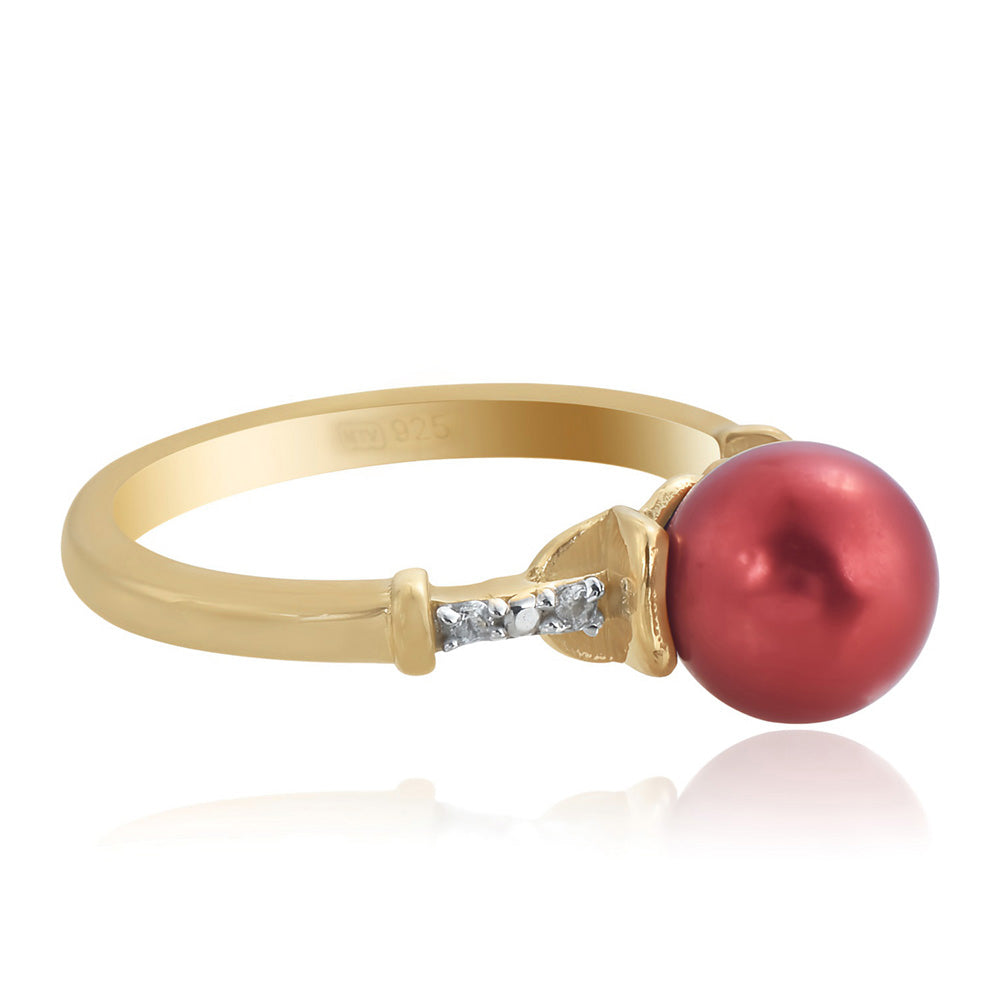 Anillo de Plata Bañada en Oro con Perla roja de río y Topacio Blanco 4 