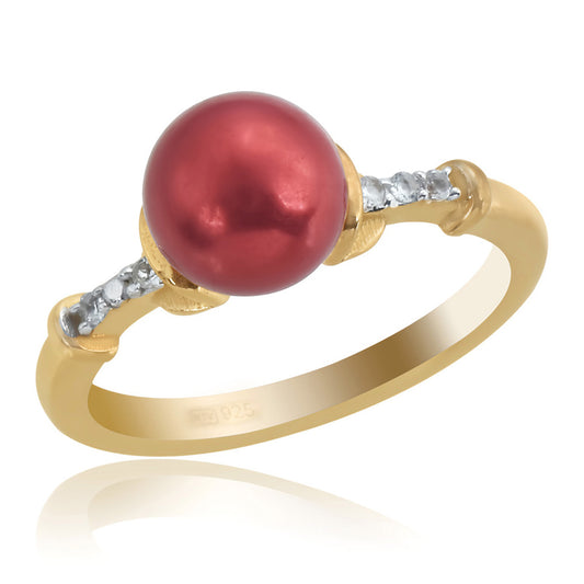 Anillo de Plata Bañada en Oro con Perla roja de río y Topacio Blanco