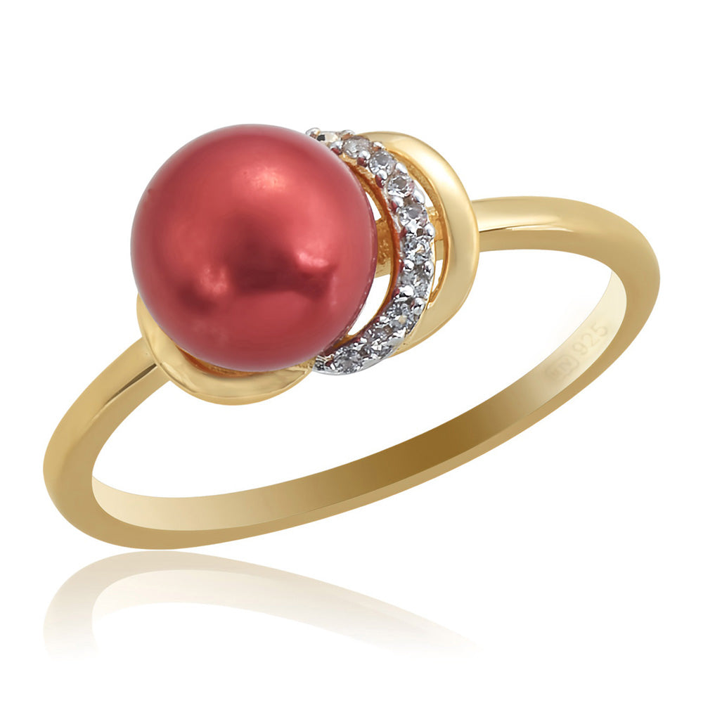 Anillo de Plata Bañada en Oro con Perla roja de río y Topacio Blanco
