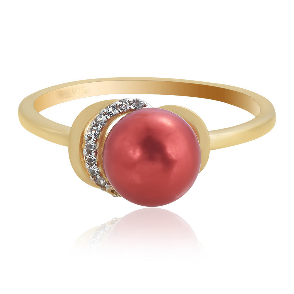Anillo de Plata Bañada en Oro con Perla roja de río y Topacio Blanco 2 