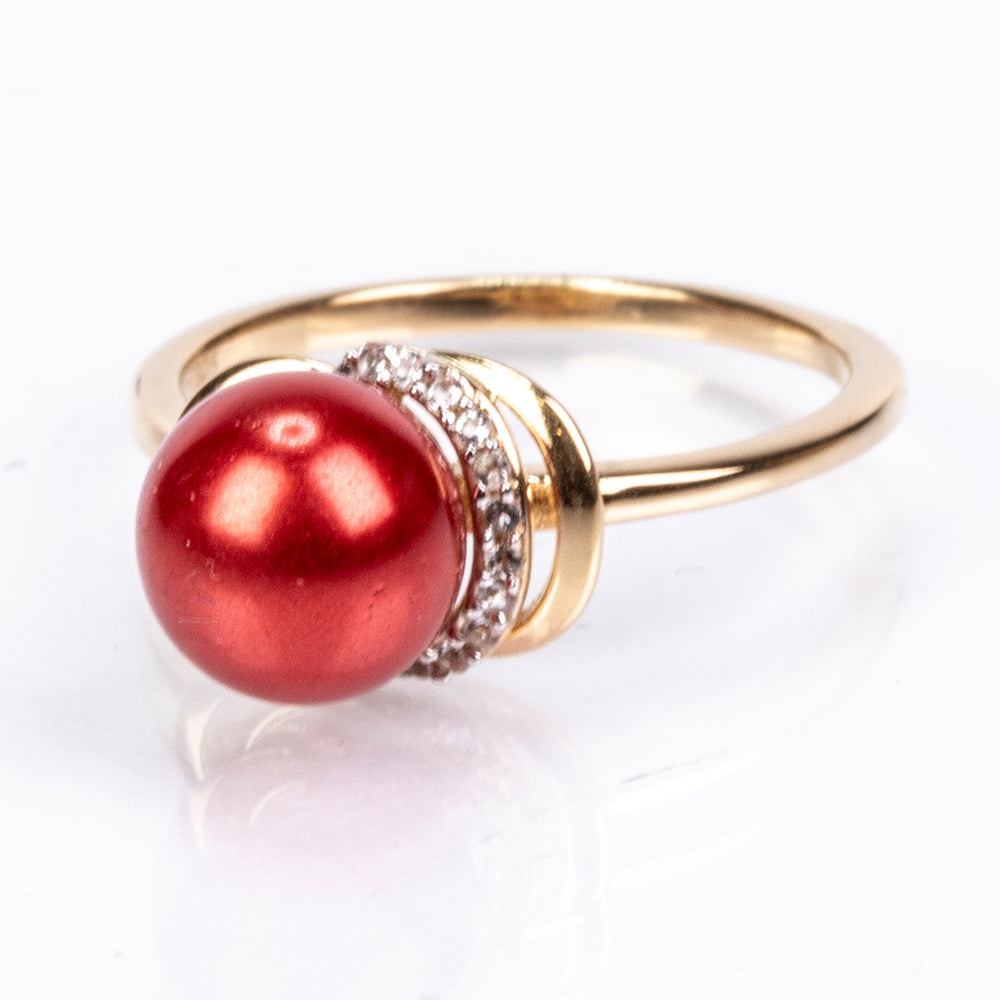 Anillo de Plata Bañada en Oro con Perla roja de río y Topacio Blanco 4 
