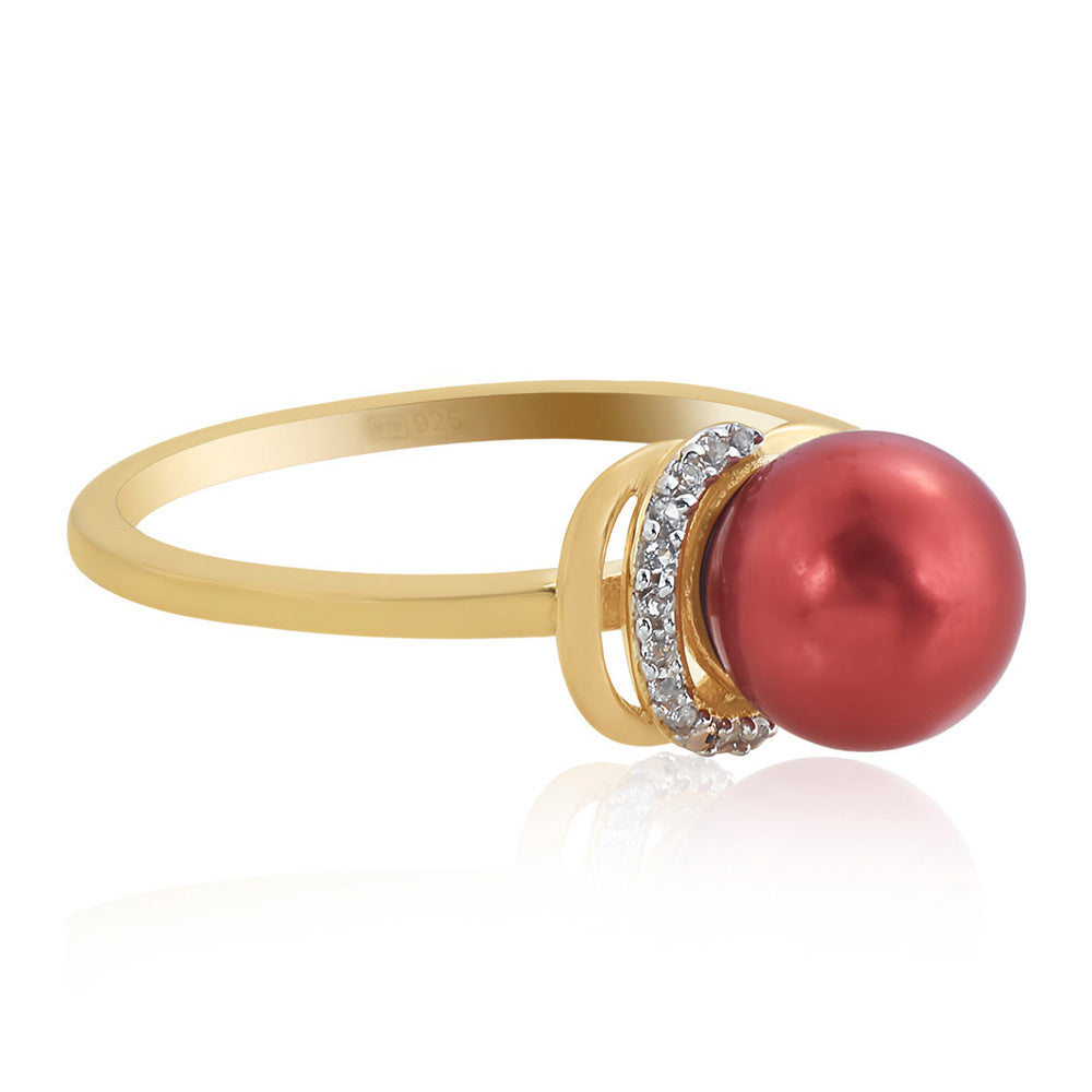 Anillo de Plata Bañada en Oro con Perla roja de río y Topacio Blanco 3 