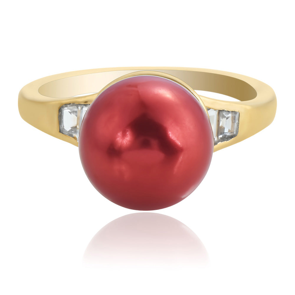 Anillo de Plata Bañada en Oro con Perla roja de río y Topacio Blanco 3 