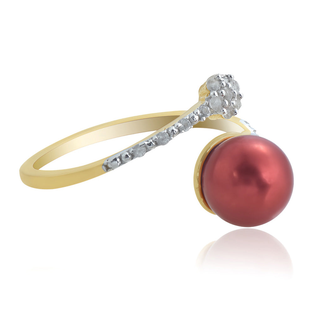 Anillo de Plata Bañada en Oro con Perla roja de río y Topacio Blanco 3 