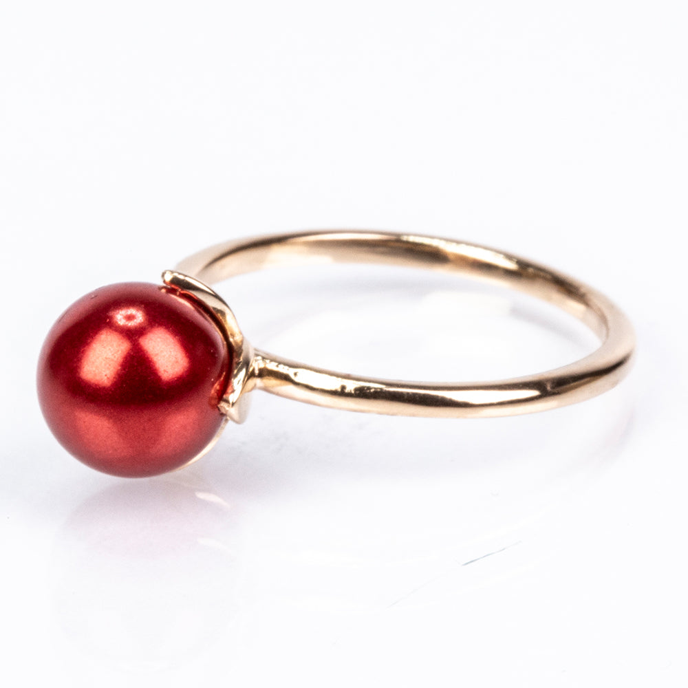 Conjunto de Plata Bañada en Oro con Perla roja de río ( Pendientes +Anillo +Colgante ) 10 