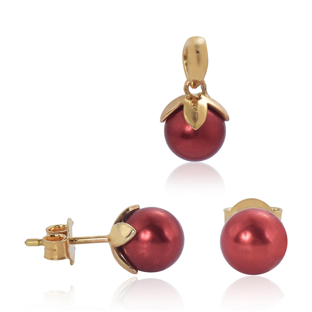 Conjunto de Plata Bañada en Oro con Perla roja de río ( Pendientes +Anillo +Colgante ) 5 