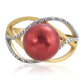 Anillo de Plata Bañada en Oro con Perla roja de río y Topacio Blanco