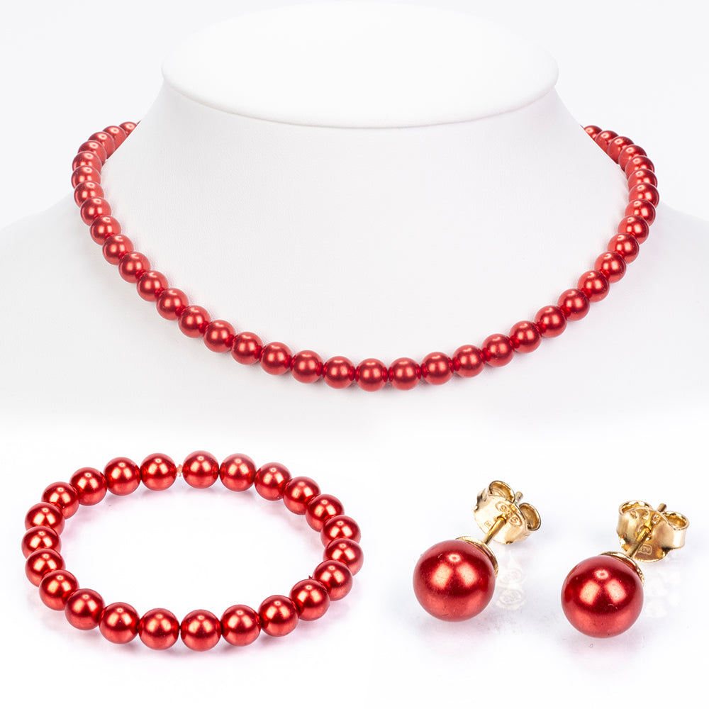 Conjunto de Plata Bañada en Oro con Perla roja de río ( Collar +Pendientes +Pulsera ) 5 