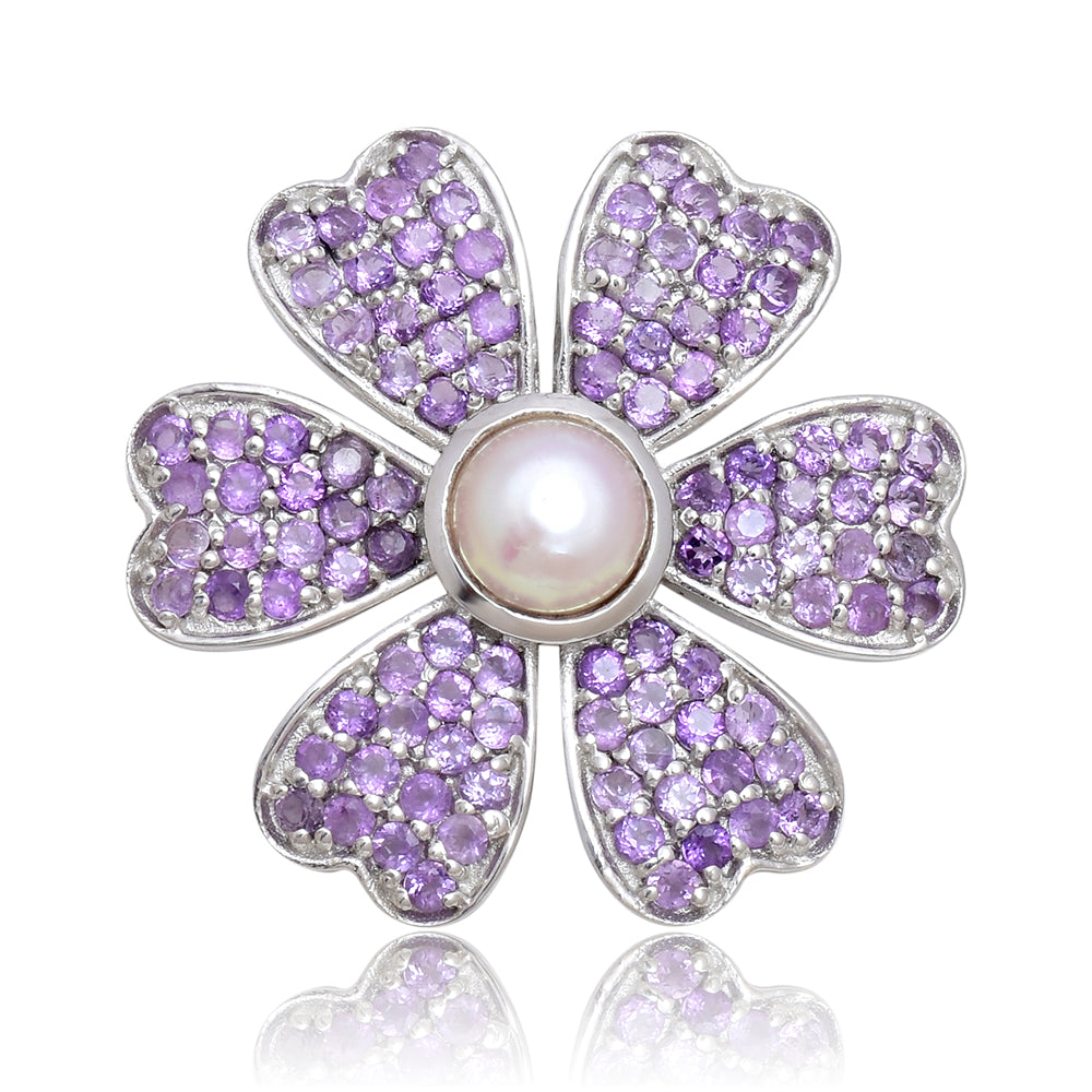Broche de Plata con Amatista de Marruecos y Perla blanca de agua dulce