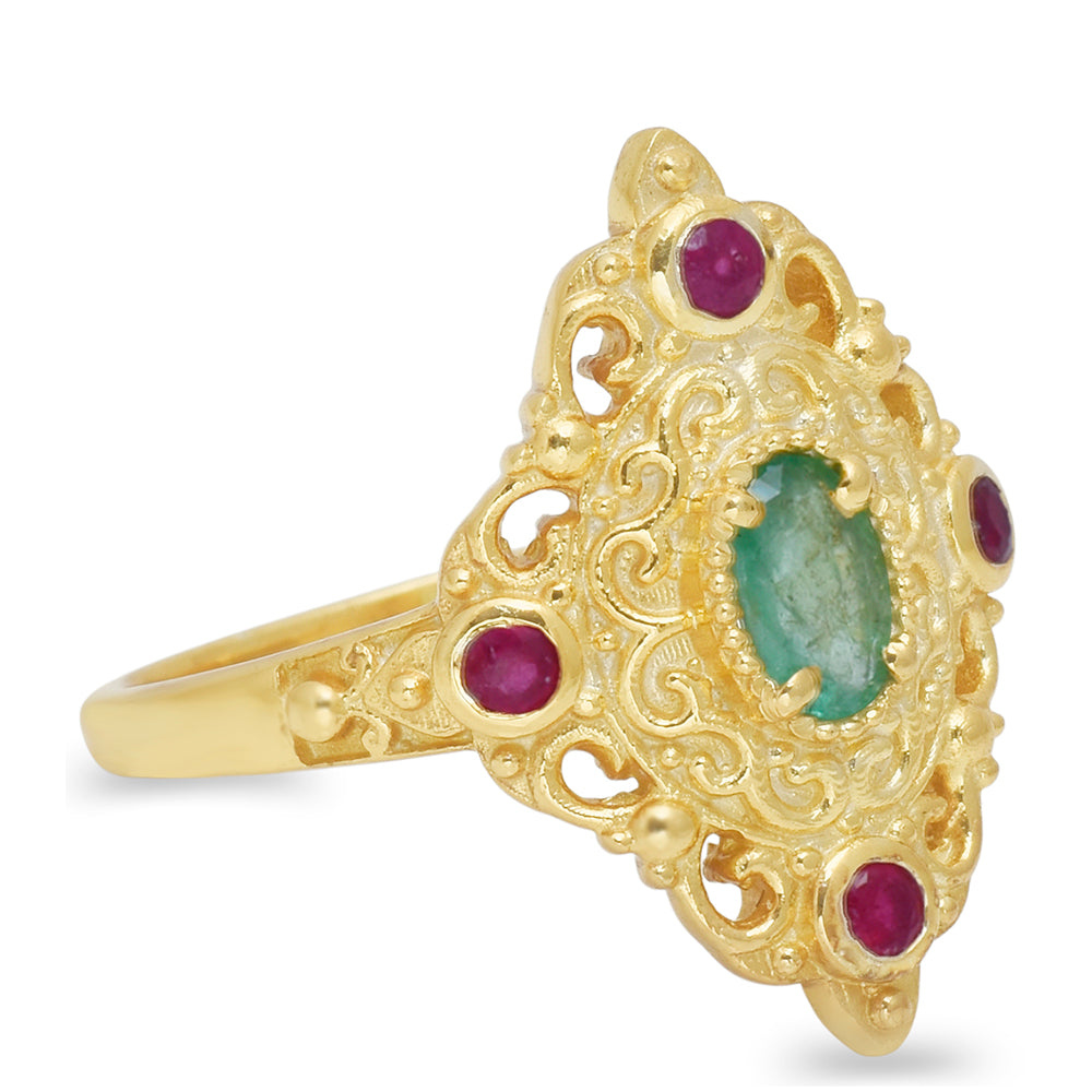 Anillo de Plata Bañada en Oro con Rubí de Madagascar y Esmeralda de Brasil