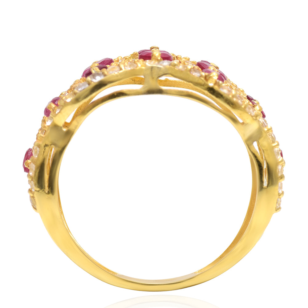 Anillo de Plata Bañada en Oro con Rubí de Madagascar y Topacio Blanco 2 