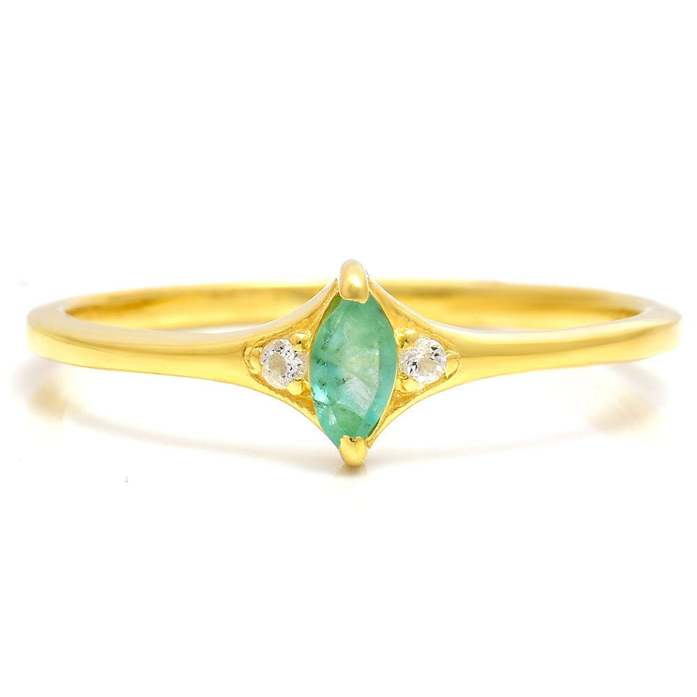 Anillo de Plata Bañada en Oro con Esmeralda de Brasil y Topacio Blanco 1 