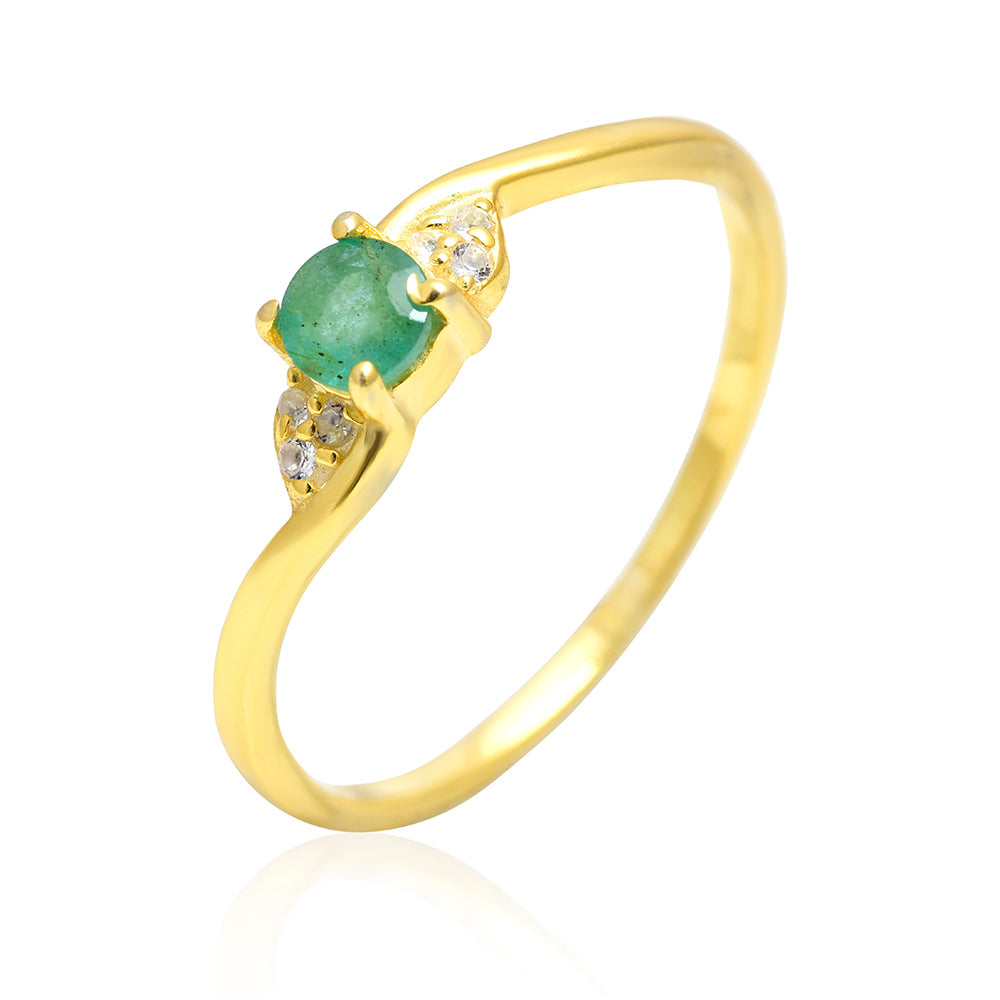 Anillo de Plata Bañada en Oro con Esmeralda de Brasil y Topacio Blanco 4 