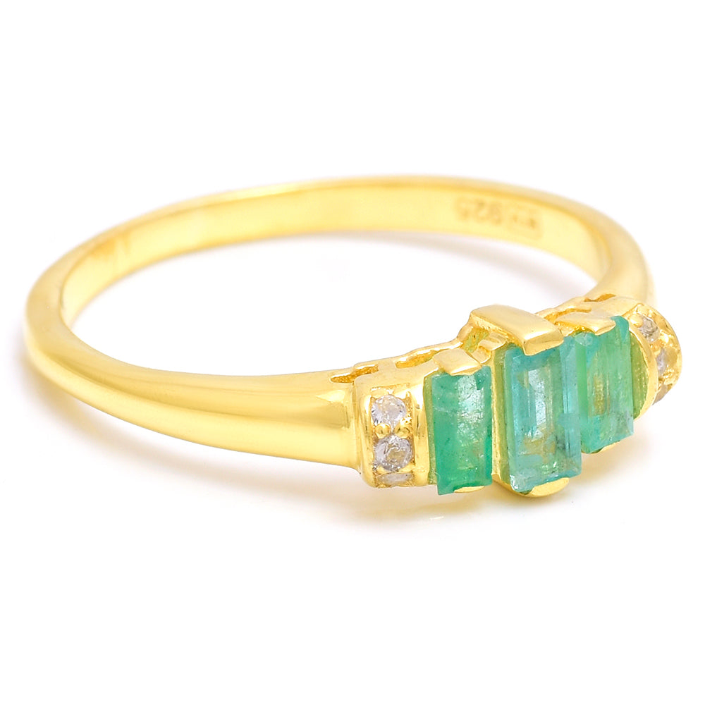 Anillo de Plata Bañada en Oro con Esmeralda de Brasil y Topacio Blanco 2 