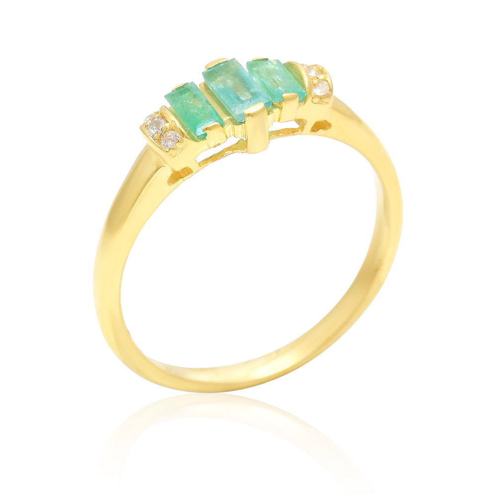 Anillo de Plata Bañada en Oro con Esmeralda de Brasil y Topacio Blanco 3 