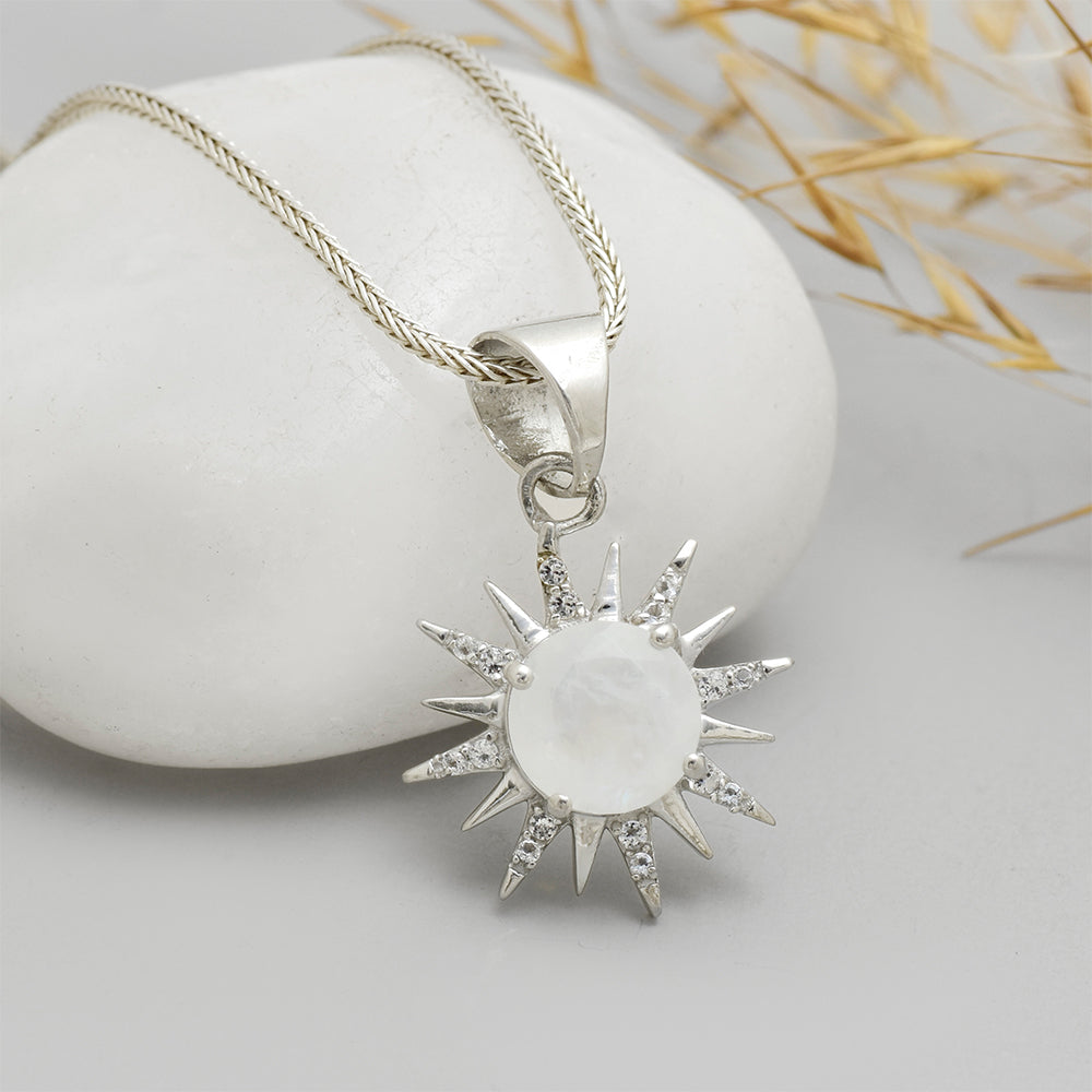Colgante de Plata con Piedra Lunar Arco Iris y Topacio Blanco