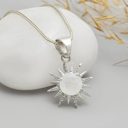 Colgante de Plata con Piedra Lunar Arco Iris y Topacio Blanco