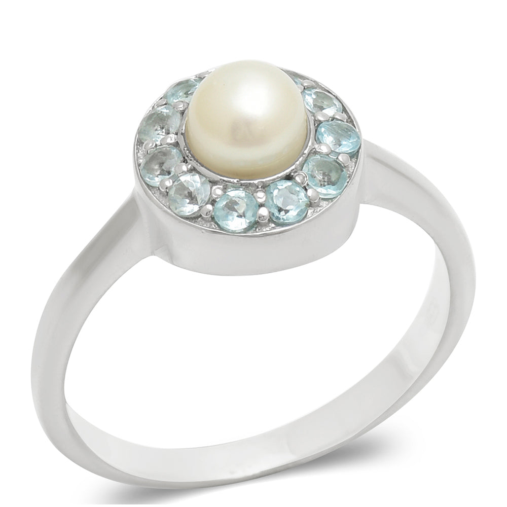 Anillo de Plata con Apatita azul de Madagascar y Perla blanca de agua dulce 2 