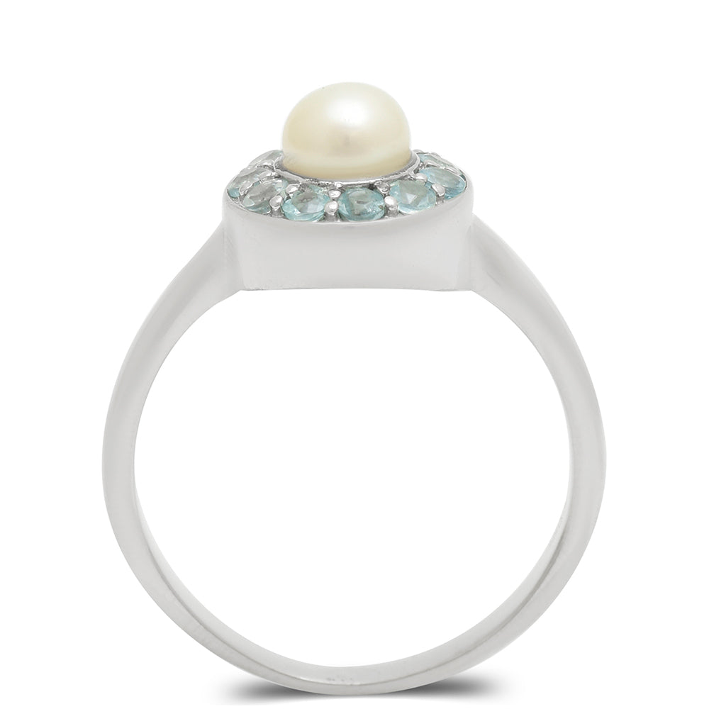 Anillo de Plata con Apatita azul de Madagascar y Perla blanca de agua dulce