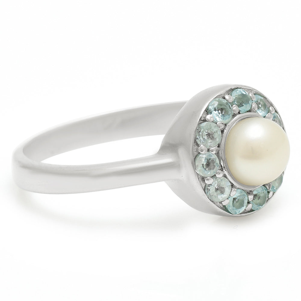 Anillo de Plata con Apatita azul de Madagascar y Perla blanca de agua dulce 4 