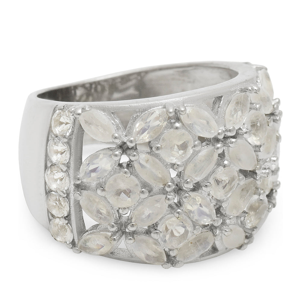 Anillo de Plata con Piedra Lunar Arco Iris y Topacio Blanco
