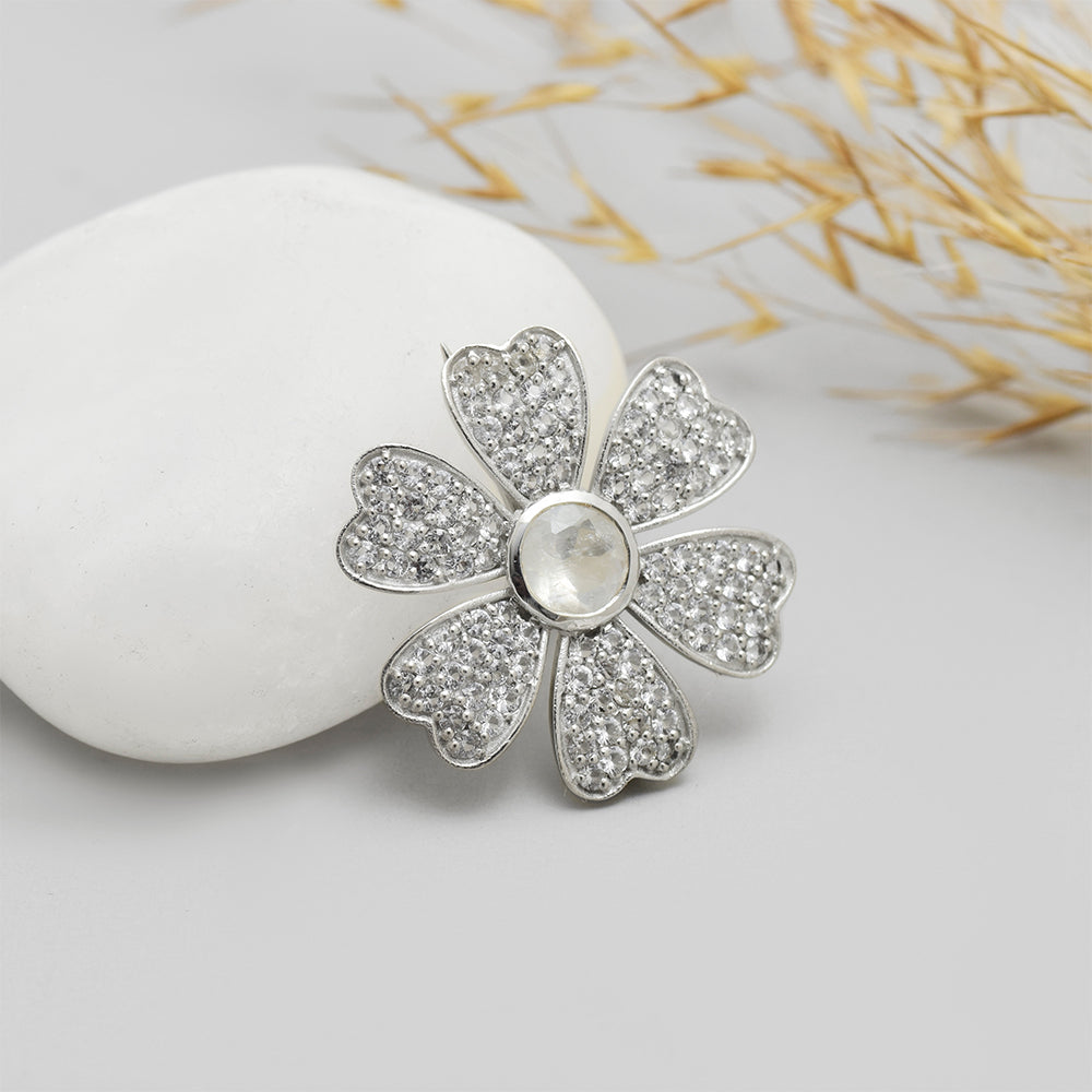 Broche de Plata con Piedra Lunar Arco Iris y Topacio Blanco 1 