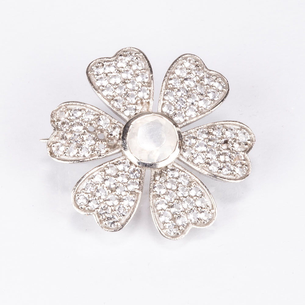Broche de Plata con Piedra Lunar Arco Iris y Topacio Blanco